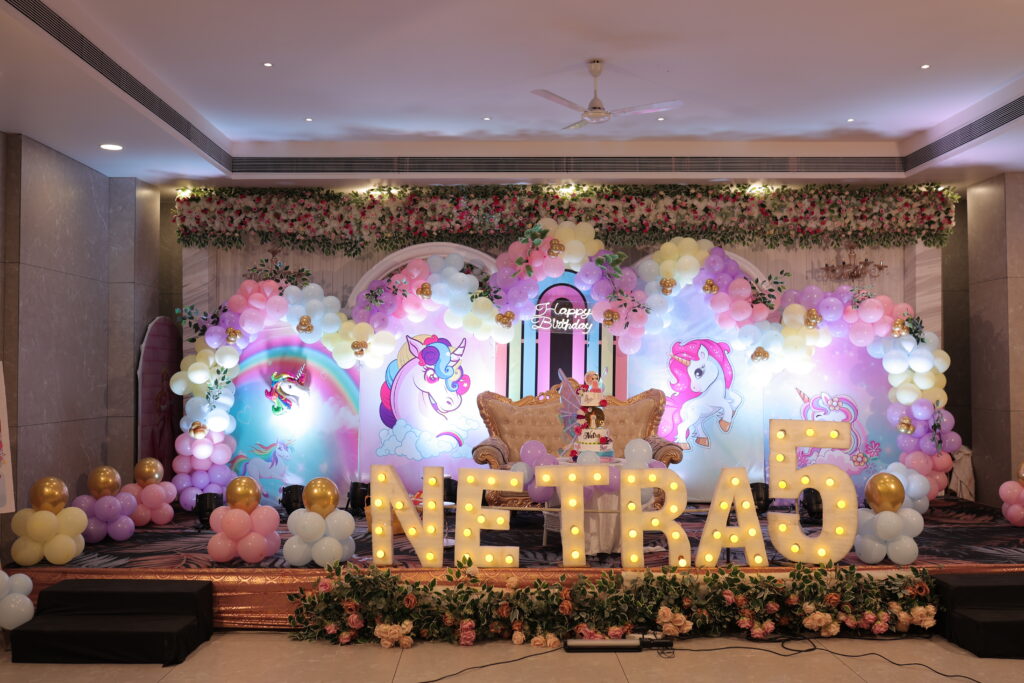 Colorful birthday decorations and a large birthday cake in an elegantly arranged banquet hall.