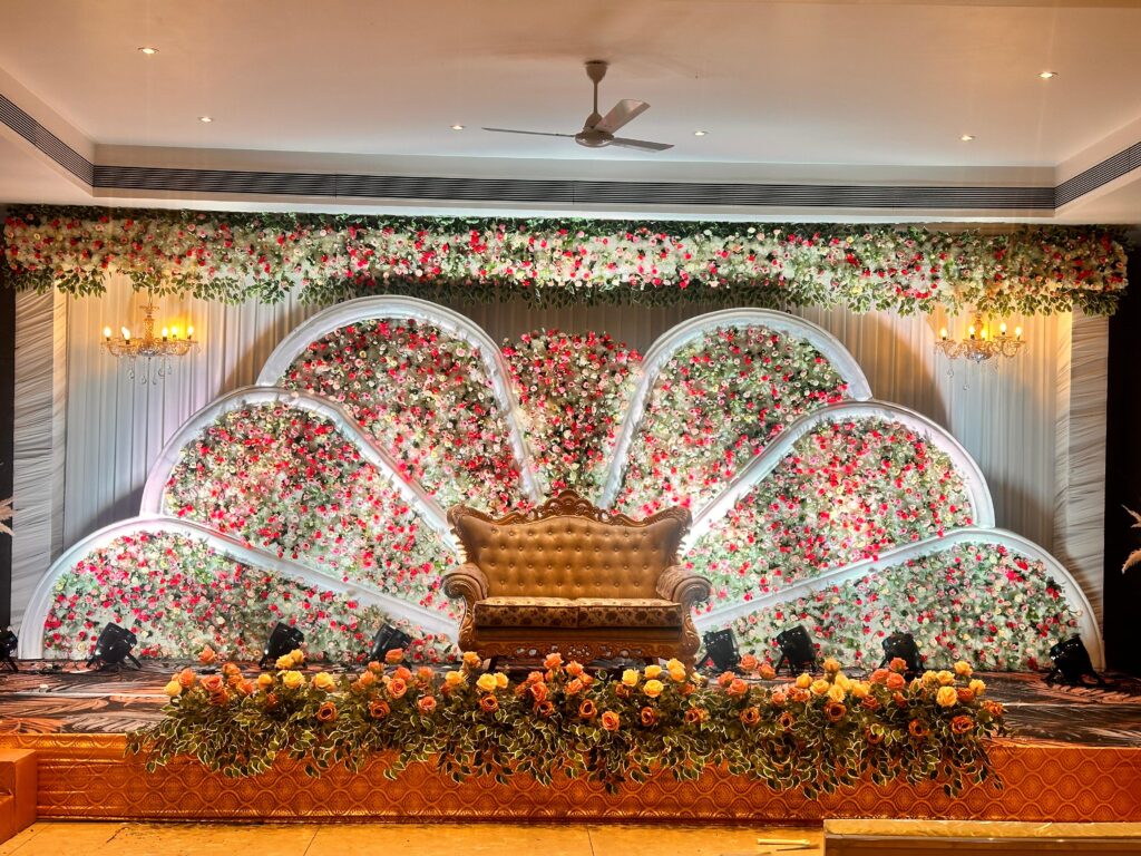 Reception area with guests mingling and celebrating in a beautifully designed venue.